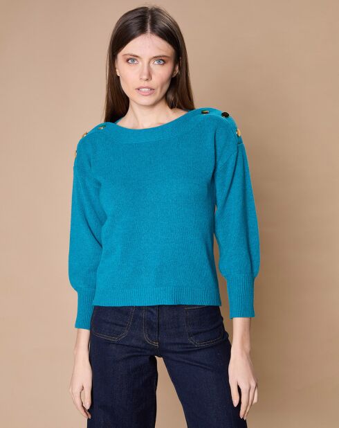 Pull 100% Cachemire 4 fils Jane col bateau bleu paon