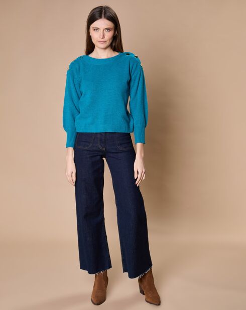 Pull 100% Cachemire 4 fils Jane col bateau bleu paon