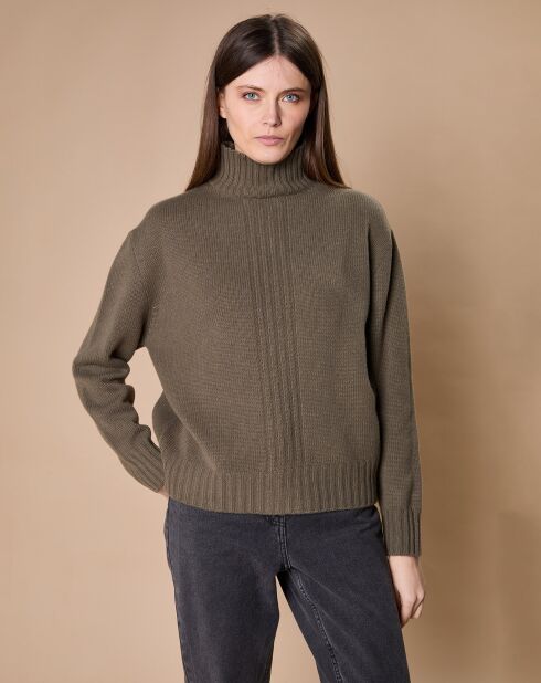 Pull en Laine & Cachemire Ambre col montant 4 côtes kaki