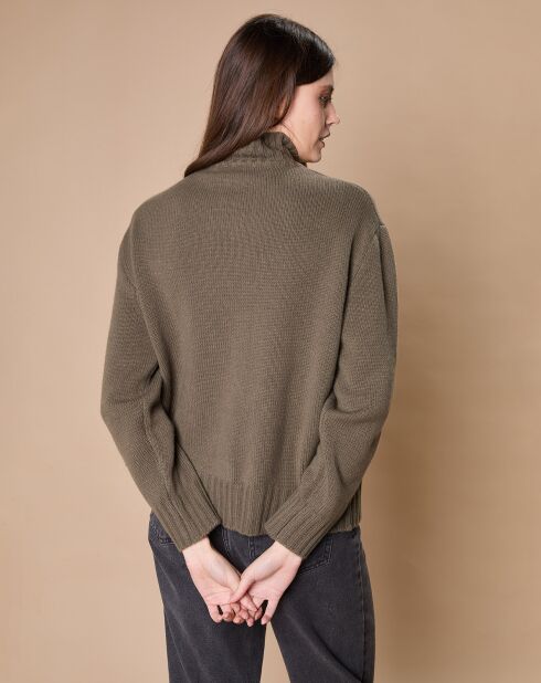Pull en Laine & Cachemire Ambre col montant 4 côtes kaki