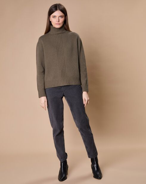 Pull en Laine & Cachemire Ambre col montant 4 côtes kaki