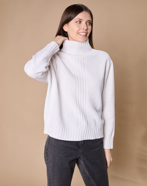 Pull en Laine & Cachemire Ambre col montant 4 côtes écru