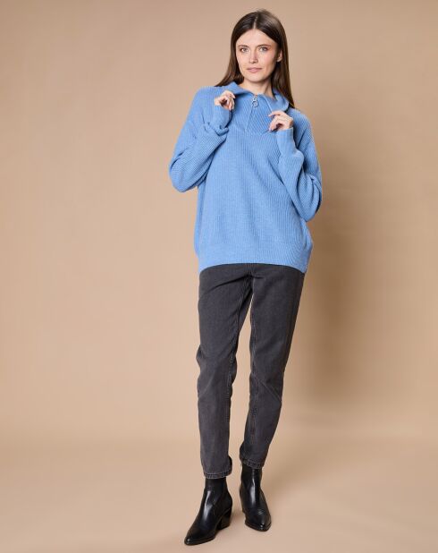 Pull en Laine & Cachemire mélangés Maia 1/2 zip bleu