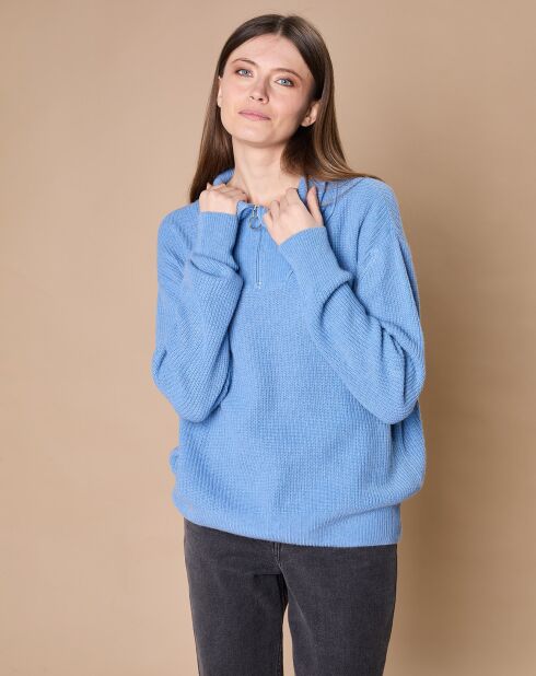 Pull en Laine & Cachemire mélangés Maia 1/2 zip bleu