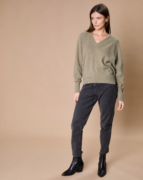Pull 100% Cachemire 4 fils Romy col V profond kaki clair
