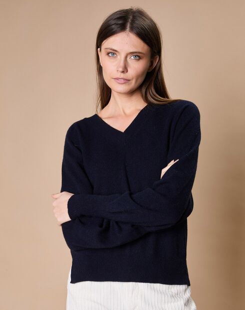 Pull 100% Cachemire 4 fils Romy col V profond bleu marine