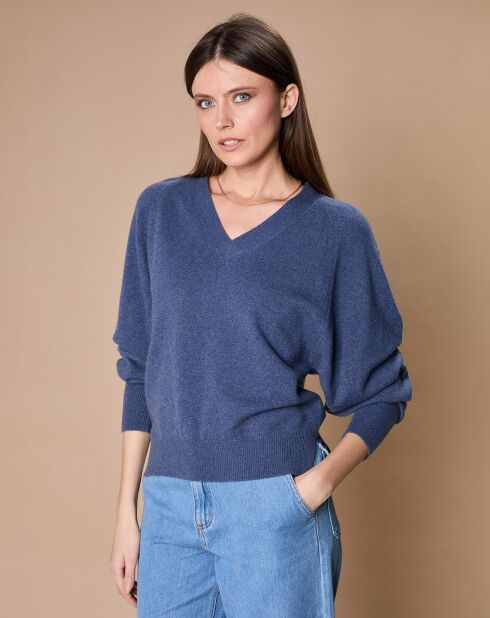 Pull 100% Cachemire 4 fils Romy col V profond bleu denim