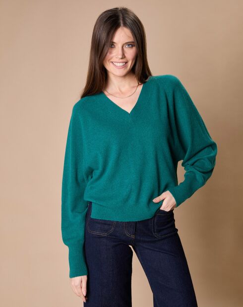 Pull 100% Cachemire 4 fils Romy col V profond vert canard