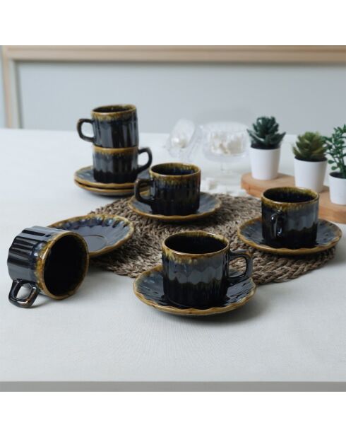 12 Tasses à thé en Grès bleu foncé/doré - D.7 cm