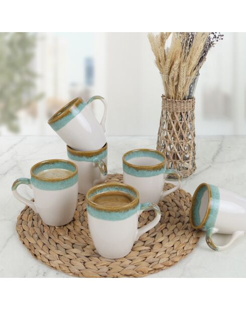 6 Tasses en Grès blanc/vert - D.11 cm