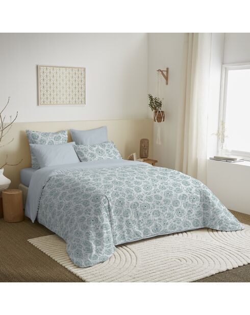 Pack Housse de couette imprimée + Drap housse + 4 Taies d'oreiller céladon - pour lit 140x190 cm