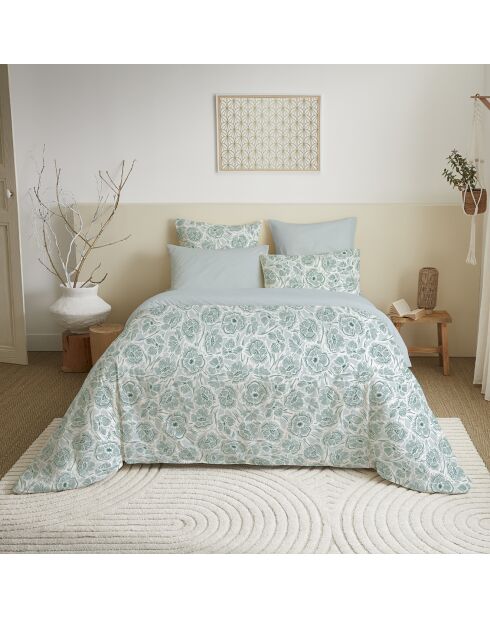 Pack Housse de couette imprimée + Drap housse + 4 Taies d'oreiller céladon - pour lit 140x190 cm