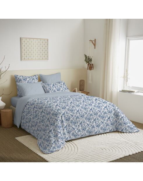 Pack Housse de couette imprimée + Drap housse + 4 Taies d'oreiller bleu - pour lit 140x190 cm
