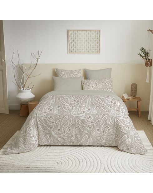 Pack Housse de couette imprimée + Drap housse + 4 Taies d'oreiller naturel - pour lit 140x190 cm