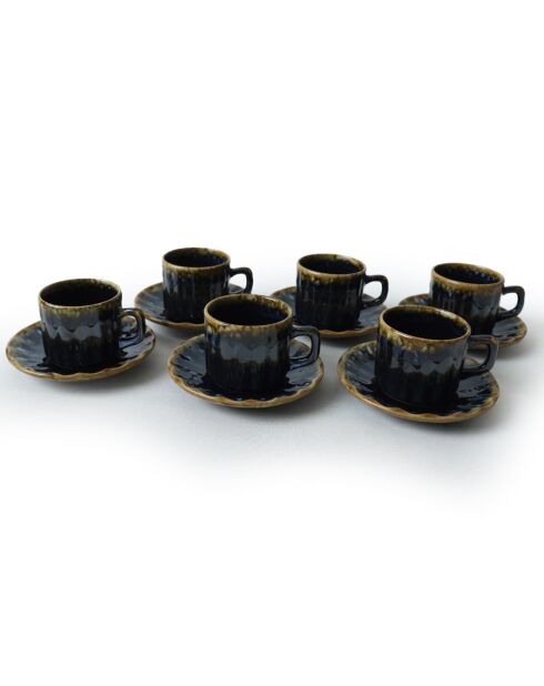 12 Tasses à thé en Grès bleu foncé/doré - D.7 cm