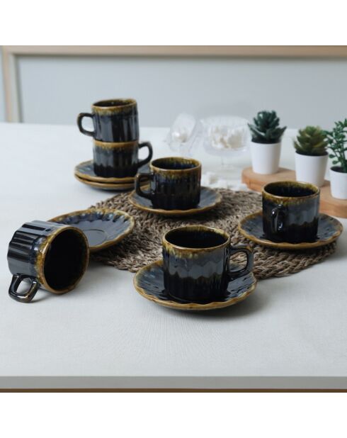 12 Tasses à thé en Grès bleu foncé/doré - D.7 cm