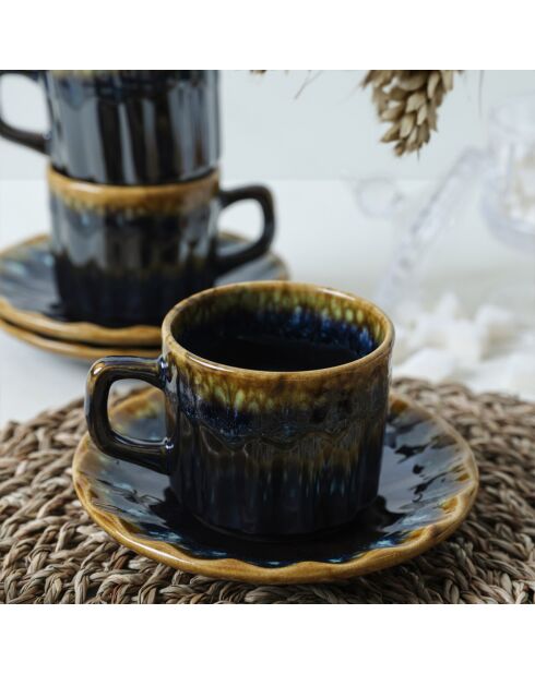 12 Tasses à thé en Grès bleu foncé/doré - D.7 cm
