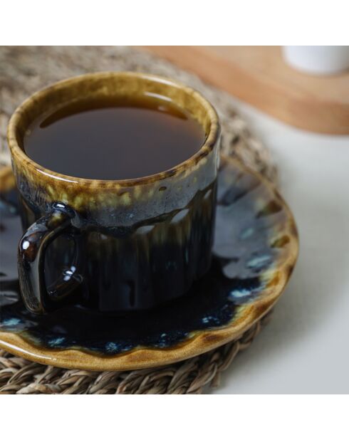 12 Tasses à thé en Grès bleu foncé/doré - D.7 cm