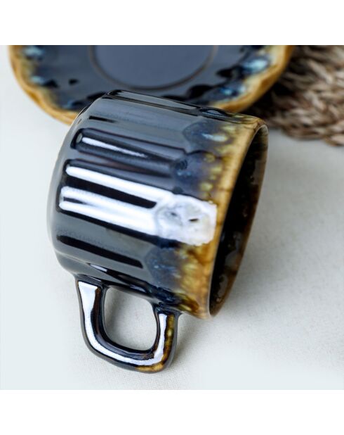 12 Tasses à thé en Grès bleu foncé/doré - D.7 cm