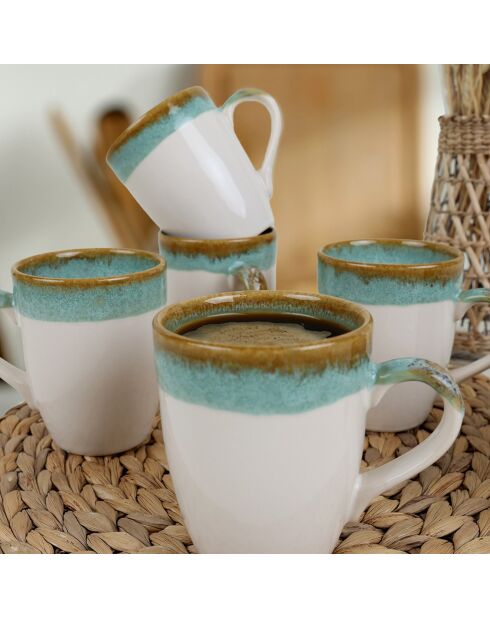 6 Tasses en Grès blanc/vert - D.11 cm
