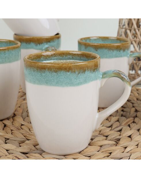 6 Tasses en Grès blanc/vert - D.11 cm