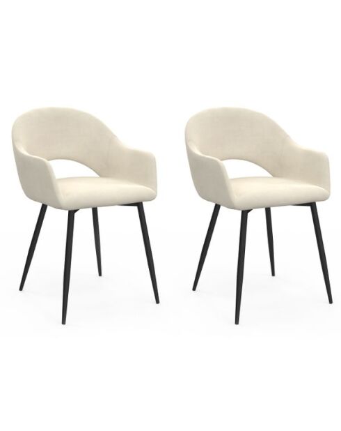 2 Chaises avec accoudoirs Rebecca en velours crème et pieds métal