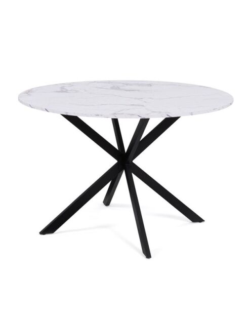 Table repas Soline 110cm plateau rond effet marbre et pieds croisés noirs