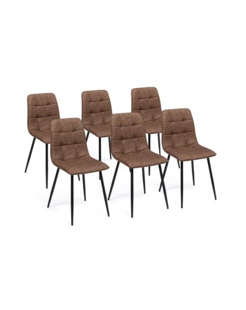 6 Chaises Linda imitation cuir marron et pieds métal noirs