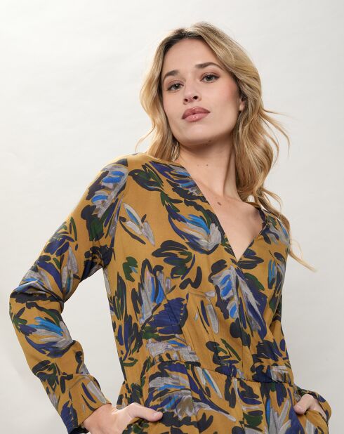 Robe Romance imprimée moutarde/vert/bleu