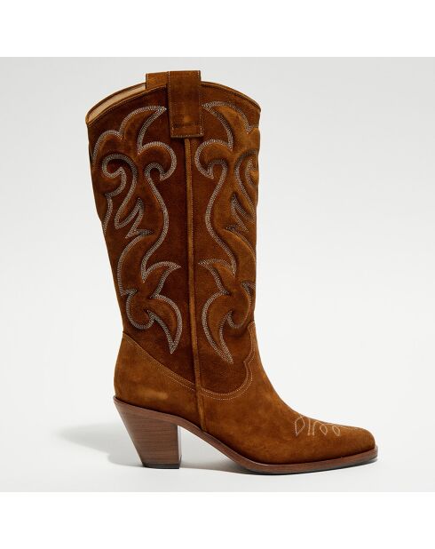 Bottes en Velours de Cuir Jane tabac - Talon 7 cm