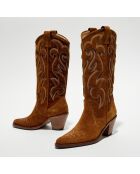 Bottes en Velours de Cuir Jane tabac - Talon 7 cm
