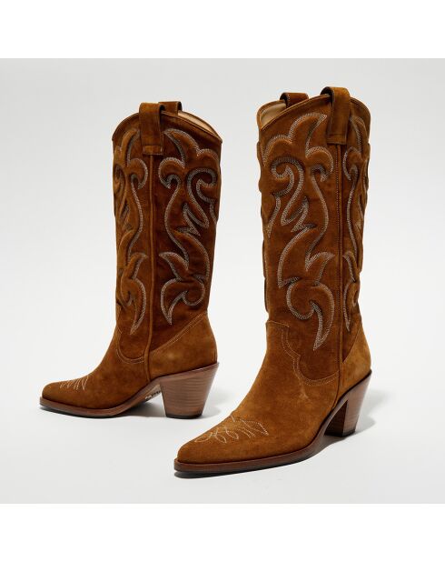 Bottes en Velours de Cuir Jane tabac - Talon 7 cm
