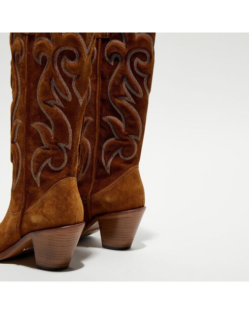 Bottes en Velours de Cuir Jane tabac - Talon 7 cm