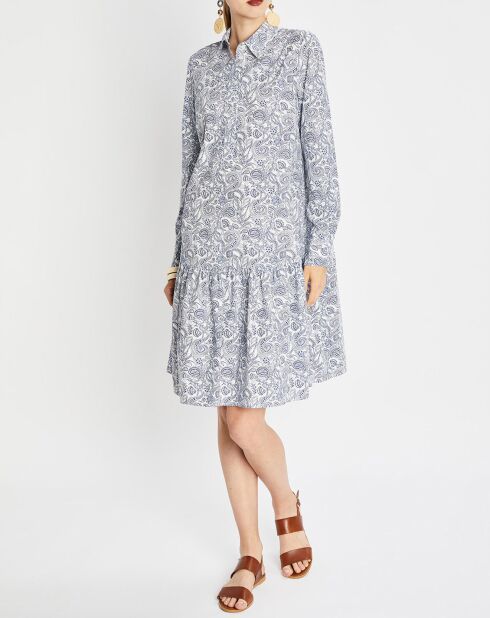 Robe chemise à volant imprimée bleu/blanc