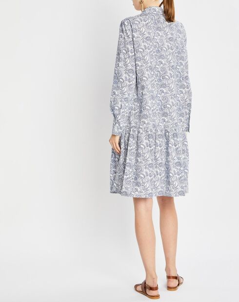 Robe chemise à volant imprimée bleu/blanc