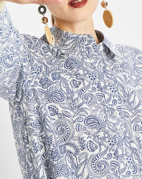 Robe chemise à volant imprimée bleu/blanc