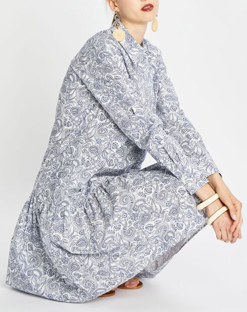 Robe chemise à volant imprimée bleu/blanc