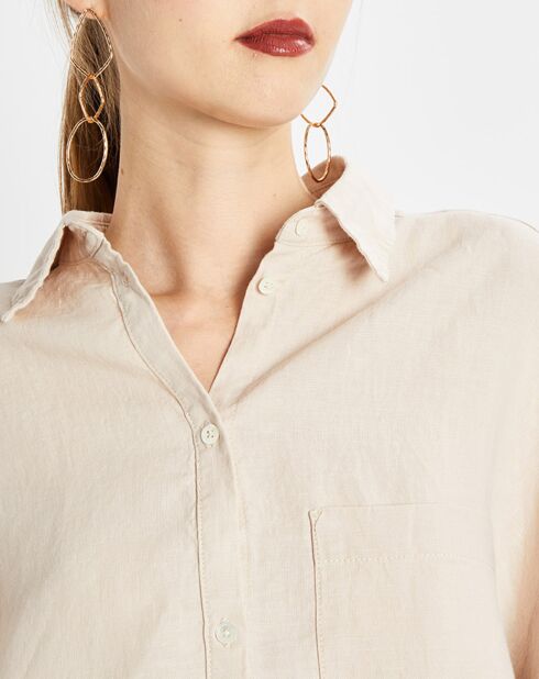 Chemise 100% Lin manches longues Poche beige
