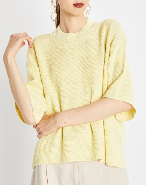 Pull 100% Lin manches courtes Col R jaune clair