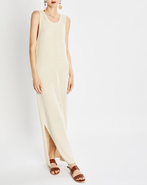 Lange beige gebreide jurk van 100% linnen