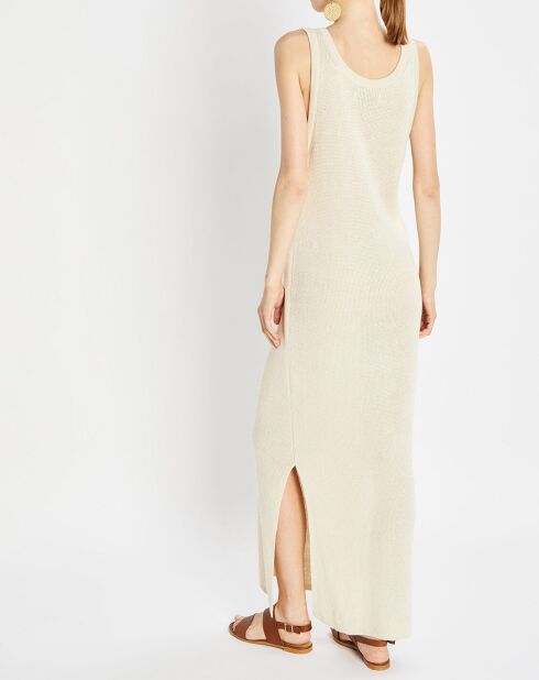 Lange beige gebreide jurk van 100% linnen