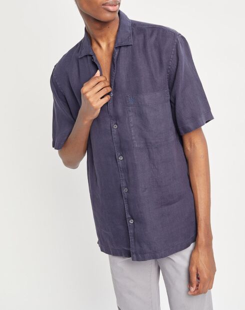 Kurzärmliges marineblaues Taschenhemd aus 100% Leinen