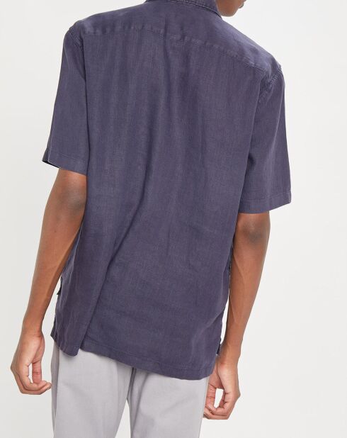 Kurzärmliges marineblaues Taschenhemd aus 100% Leinen