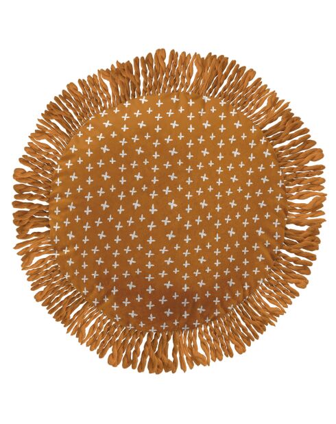 Coussin déhoussable avec franges macramé orange/blanc - D40 cm