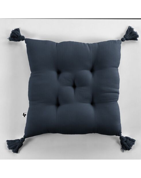 Coussin capitonné avec pompons bleu foncé - 40x40 cm