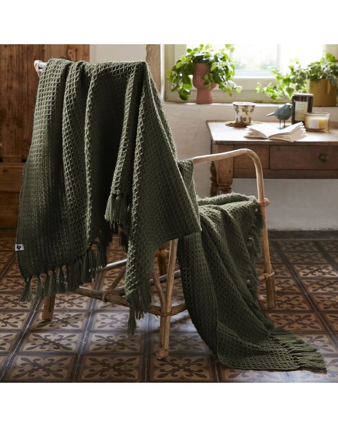 Plaid à franges kaki - 130x160 cm