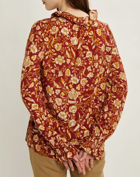 Donkerrode blouse van lavallière crêpe met arabesque print
