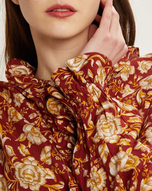 Donkerrode blouse van lavallière crêpe met arabesque print
