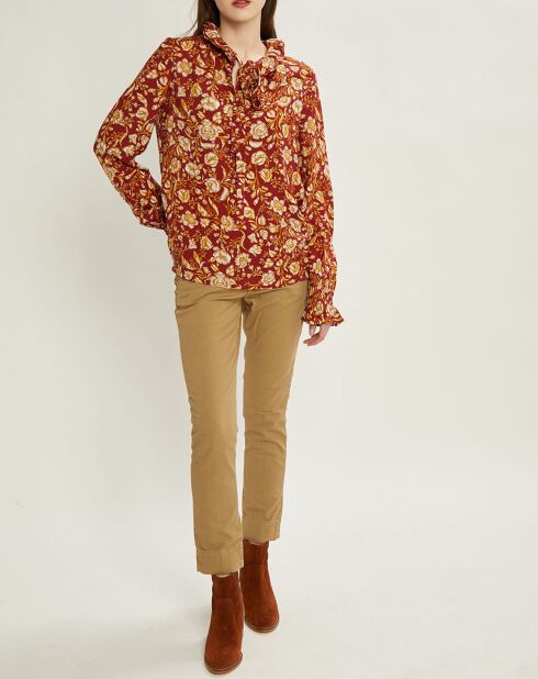 Donkerrode blouse van lavallière crêpe met arabesque print