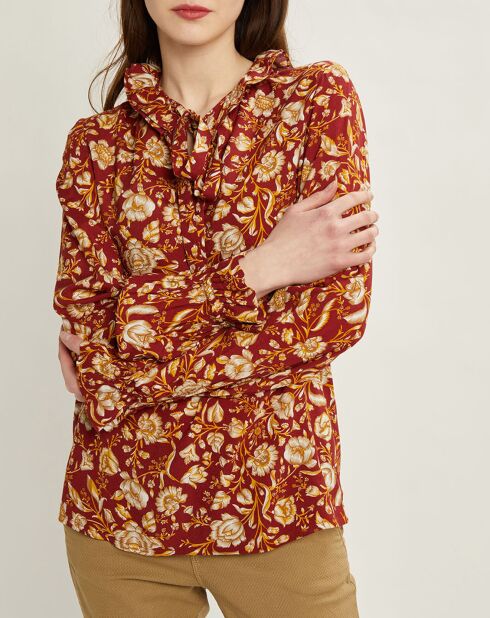 Donkerrode blouse van lavallière crêpe met arabesque print